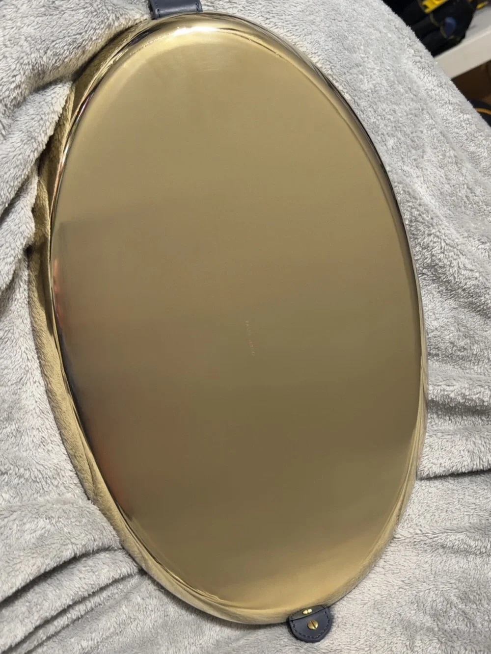 Ralph Lauren Gold Oval Tray with Navy Leather Strap Accents
